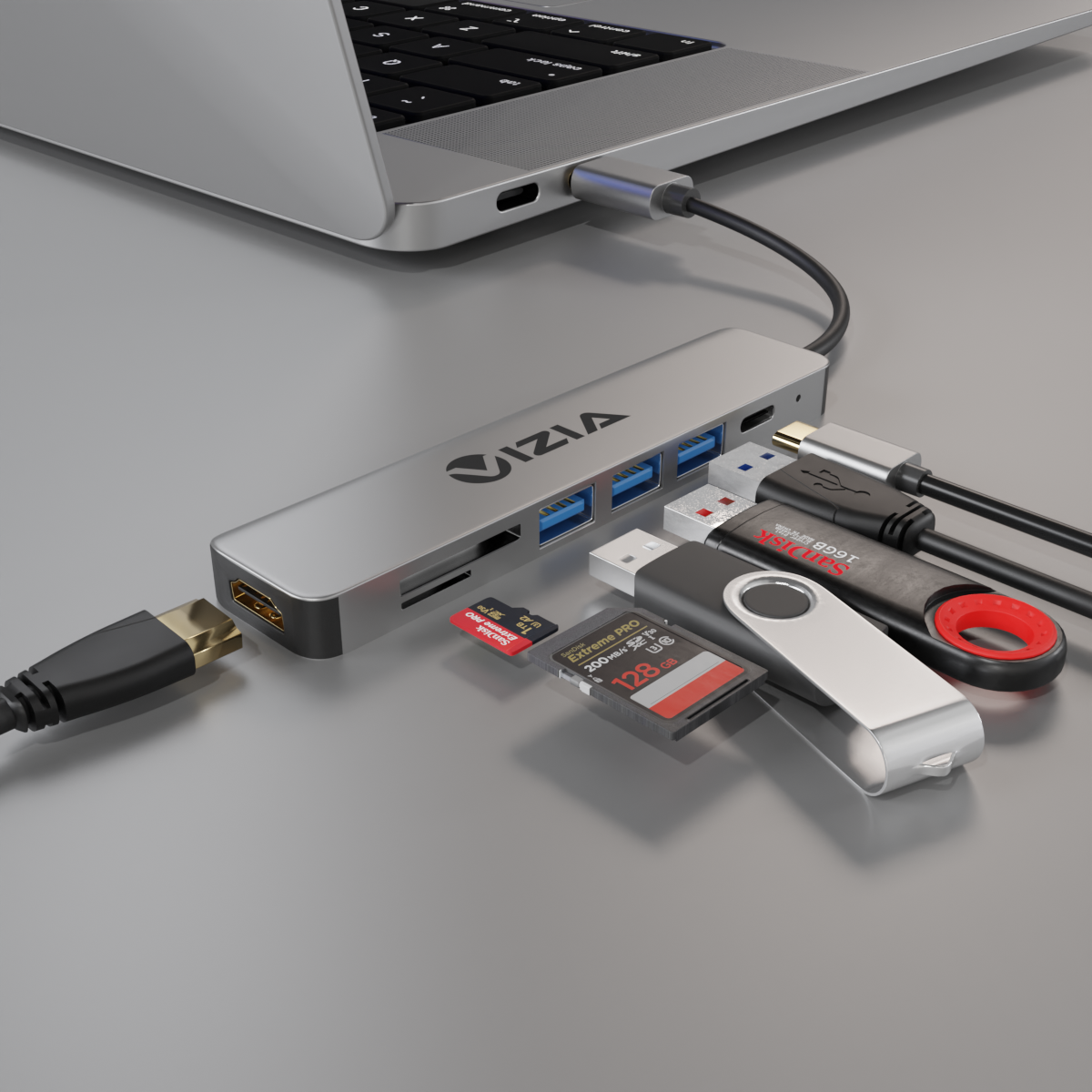 VIZIA 7-in-1 USB-C hub with all ports in use
